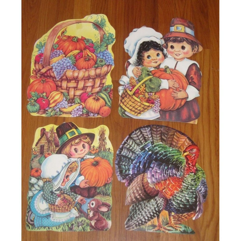 Vintage Thanksgiving Die Cut Lot Evil Turkey Pilgrims Autumn Harvest 2 sided EUC